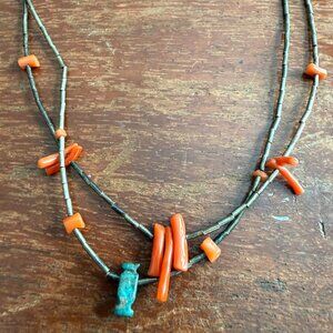 TWO Vintage Zuni Necklace w/ Coral Branch Beads On Metal Wire + One w/ Turquoise